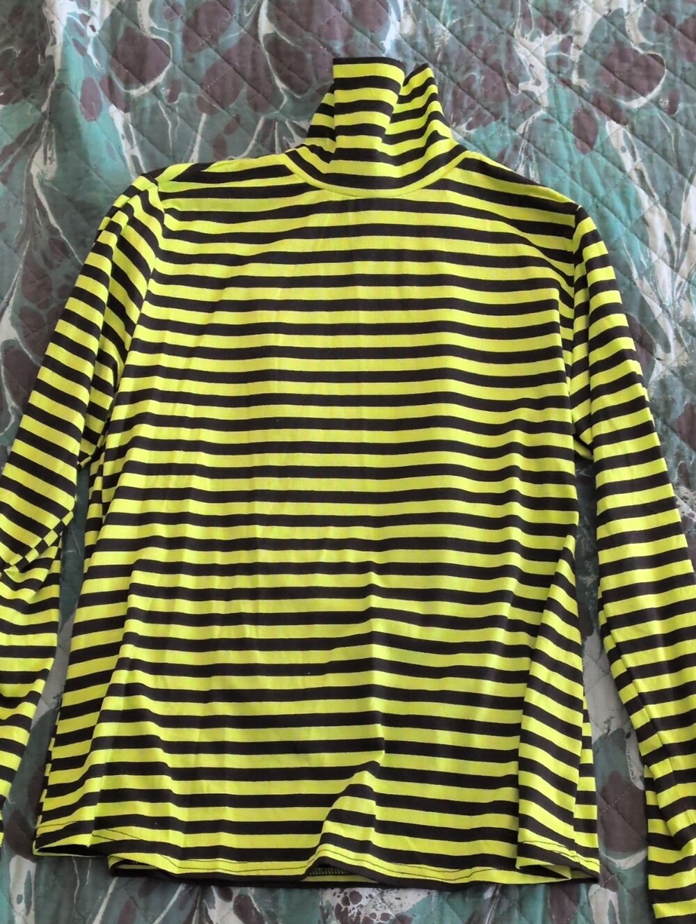 Striped Neon Yellow -Green and Black Turtleneck Long-Sleeve Top